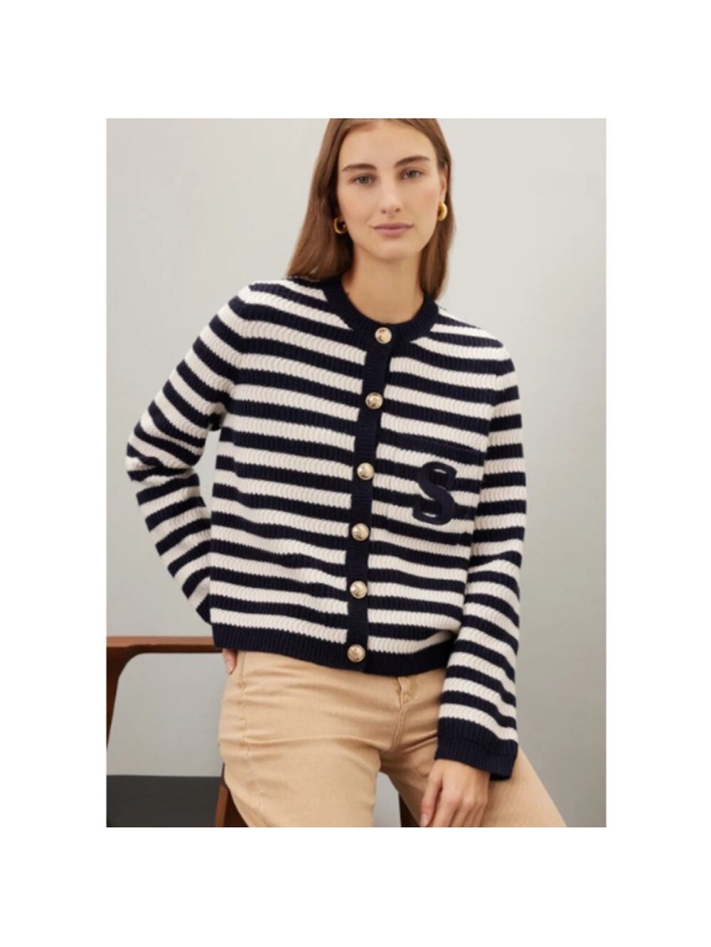 Sandro Breton Striped Button Front Cardigan Sweater Blue White size Medium
